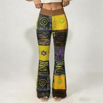 2026 Women's Ethnic Style Tie-Dye High-Waisted Retro Flare Pants M chaki