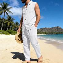 Men Loose Linen Sleeveless Shirt Straight Long Pants Set Hawaiian Beach Casual Outfit S balta