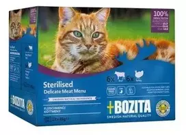BOZITA sterilizuoti gabaliukai drebučiuose su mėsa – drėgnas kačių maistas -12 x 85g