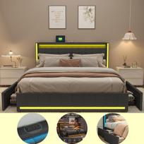 Dvigulė lova 180x200 su LED ir USB, dvivietė lova su 4 stalčiais, lengvai surenkama lova su stalčiais, apmušta lova, lininė, tamsiai pilka