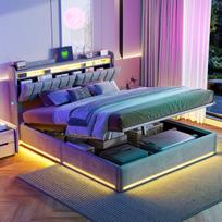 Dvigulė lova 160 x 200 cm, apmušta lova su LED apšvietimu, USB jungtimi, galvūgaliu su vieta daiktams susidėti, pilkas aksomas, čiužinys į komplektą neįskaičiuotas