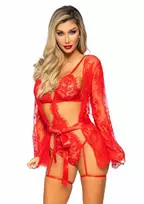 LEG AVENUE Dreamgirl Garter Teddy Set with Lace Robe and Adjustable Straps Black