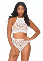 LEG AVENUE Dreamgirl Halter Crop Top & High Waist Thong Set, Crochet Lace, White
