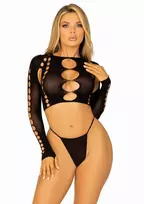 Dreamgirl Seamless Crop Top & String Set Black Stretchy Modern S/M
