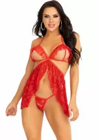 LEG AVENUE Dreamgirl Babydoll 2-Piece Lace Fly Away Set with Peek-A-Boo Cups Black M/L