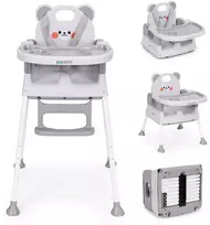 Vaikiška maitinimo kėdutė 3-in-1 su dvigubu padėklu ir 5 taškų saugos diržais, pilka ECOTOYS