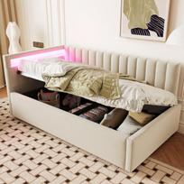 Polsterbett sofa 90x200 cm, su LED, hidraulinė saugykla, beige