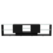 LED TV spintelė 200 cm, juoda žema televizoriaus komoda su stiklo lentynomis ir stalčiais
