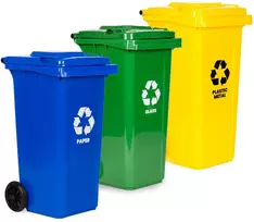Multistore 3 šiukšliadėžių rinkinys 3x120L mėlyna žalia geltona popieriui stiklui plastikui su guminiais ratukais