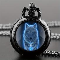 Exquisite Wolf Animal Pattern Quartz Pocket Watch with Necklace Pendant World-Time Feature, Analog Display For Women Men Kids juoda