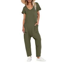 Women's Casual Short Sleeve High Waist Pockets V Neck Loose Jumpsuits Long Pants Wide Rompers L armijos žalia spalva