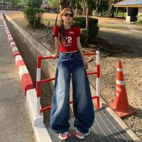 Spring Summer Vintage High Waist Drape Scythe Saber Cut Relax Wide Leg Denim Pants For Ladies Casual Pants Oversize Denim Trousers XS