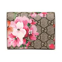 Gucci GG Blooms Presbyopia Logo Bi-fold Flap Geranium Print No Zipper Canvas Patch Leather Card Holder Wallet Women's Ebony/Pink rožinė