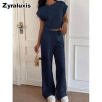 New Style American Retro Casual Loose Crew Neck T-Shirt Wide Leg Pants Set for Women S žalsvai mėlyna