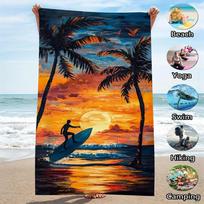 1pc Tropical Breeze Oversized Beach Towel -Soft Quick-Absorbing Microfiber Polyester,Vibrant Sunset Beach Scene Print with Palm 50x100cm(20x40in)