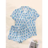 Summer Women short sleeve top and shorts 2 Piece Set Pajamas female Fashion Sleepwear cartoon print Cardigan Pyamas Set homewear S