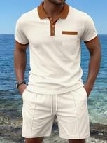 Mens Waffle Collared Short Sleeve Polo Shirt And Shorts Casual Sports Two Piece Set S