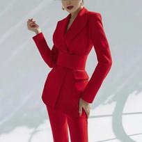 Red Designer Women Suit Blazer+Flare Pants Set 2 Pieces Cotton Coat Jacket With Belt Party Prom Dress S raudona