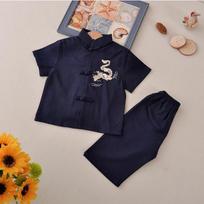Summer Boys' Embroidered Dragon & Flower Short Sleeve Cotton-Linen Tang Suit Set for June 1st Festival. 110cm tamsiai mėlyna