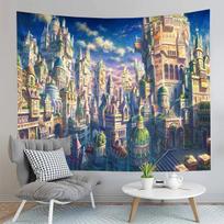 Fantasy Cartoon Castle Tapestry Seaside Reef Tapestry Land and Ocean Tapestry Living Room Dorm Bedroom Decoration Tapestries W95xH70cm