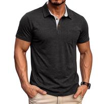 Men Short Sleeve Polo Shirt Classic Fit Soft Cotton Fabric Chest Pocket Button Down Collar Top XXXL juoda