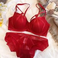 Moteriški nėriniuoti apatiniai Sexy Hollow Push Up liemenėlių rinkinys Klasikinis apatinis trikotažas, madinga fluorescencinė plius dydžio CD liemenėlė 70C raudona