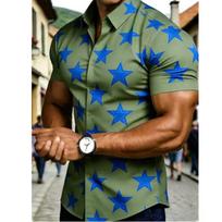 Men Casual Summer Star Print Short Sleeve Button Down Shirt S