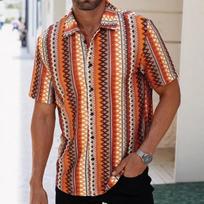 Mens Ethnic Striped Printed Short Sleeve Casual Shirt S