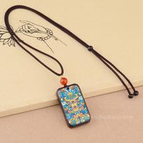 Handmade Rosewood Ping An Wu Shi Pai Pendant Necklace – Ebony Wood Painted Sweater Chain, Retro Chinese Artistic Trend.
