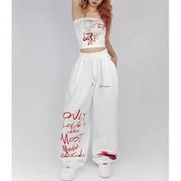Black White Drawstring Design Sweatpants Women Street Wide Leg Pants Women Summer Long Trousers S