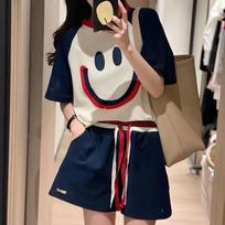 Women Smile Face Print 2 Piece Outfit Color Block Short Sleeve T-shirt Drawstring Elastic Waist Shorts Casual Summer Tracksuit L