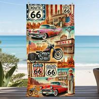 Route 66 paplūdimio rankšluostis su senovinio automobilio ir motociklo paveikslėliu, greitai džiūstantis mikropluošto, didelis vonios rankšluostis vyrams, moterims, vasaros kelionei, maudynėms 50x100cm(20x40in)