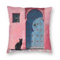 Morrocan Black Cat Marrakesh Square Pillowcase Polyester Linen Velvet Printed Zip Decor Home Cushion Cover Peach skin 18*18(CM)-1Pcs