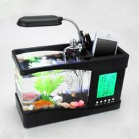 1PCDC 5V USB darbalaukio mini žuvų bakas akvariumas LCD laikmatis laikrodis LED lempa šviesa juoda spalva 24 * 10 * 14cm