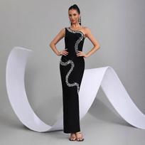 European & American Black Beaded Off-Shoulder Bandage Evening Gown Small