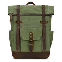 Vintage Men'S Canvas Backpack Leather Large Capacity School Bag Crazy Horse Leather Backpack Travel Bag