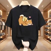 Kawaii Shiba Inu and Chick Graphic T Shirt Cute Cartoon Dog Print Summer Short Sleeve Loose Top Tee for Women S