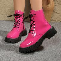 Plus Size Side Zip Kid Heel Booties Fall New Round Toe Lace-Up Front Patent Leather Non-Slip Single Boots 35