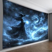 Celestial Witch & Spirit Dragon Tapestry - Dark Fantasy Magic Art Wall Hanging for Room Decor 150x130cm