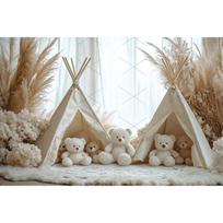 Boho Pampas Teddy Bear Photography Background Balloons Arch Tent Decor Cake Smash Baby 1st Birthday Indoor Photocall Backdrops Vinyl W90xH60cm