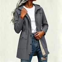 Women's Outdoor Waterproof Hooded Raincoat Mid-Length Windbreaker Jacket Adjustable Waist with Button and Zipper Closure L