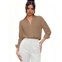 Women’s Long Sleeve Collared Blouse Classic Fit Office Shirt with Hidden Button Placket for Business Casual Wear S chaki