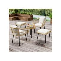 Ensemble de jardin lounge 5 pièces, composé de 1 table à manger, 2 chaises, 2 tabourets, meubles, rotin, naturel