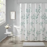 Elegantiška žalių lapų dušo užuolaida ramiems vonios kambariams, su subtiliais šakomis ir lapais ant švelnaus balto fono W90XH180cm white
