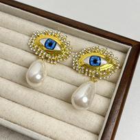 Imitation Pearl Stud Earrings with Demon Eye Motif Vintage Fashion Women Accessories for Events B