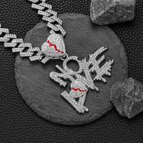 Hip Hop NO LOVE Letter Pendant, Cracked Heart Full of Diamonds, Letter Pendant Necklace, Men's Cuban Necklace black