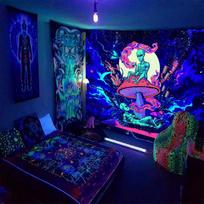 Black Light Hippie DJ Tapestry UV Reactive Psychedelic Ukiyo-e Whale Wall Hanging  for Bedroom Dorm Indie Room Decor 100x75cm