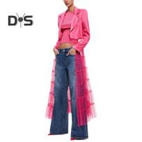 Women Dress Coat Dress Patchwork Mesh Turn down Collar Long Sleeve Cardigan A line Mid calf Length Satin Lady Stage Show Coat Dress L rožinė raudona spalva