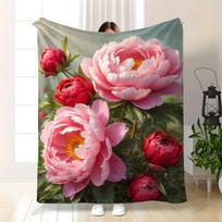 Lush Pink & Red Peony Throw Blanket: Vibrant Floral Pattern Romantic Elegant Cozy Home Decor 100x70cm