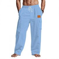 Men Casual Breathable Solid Color Thin Cotton Linen Sports Long Beach Pants S
